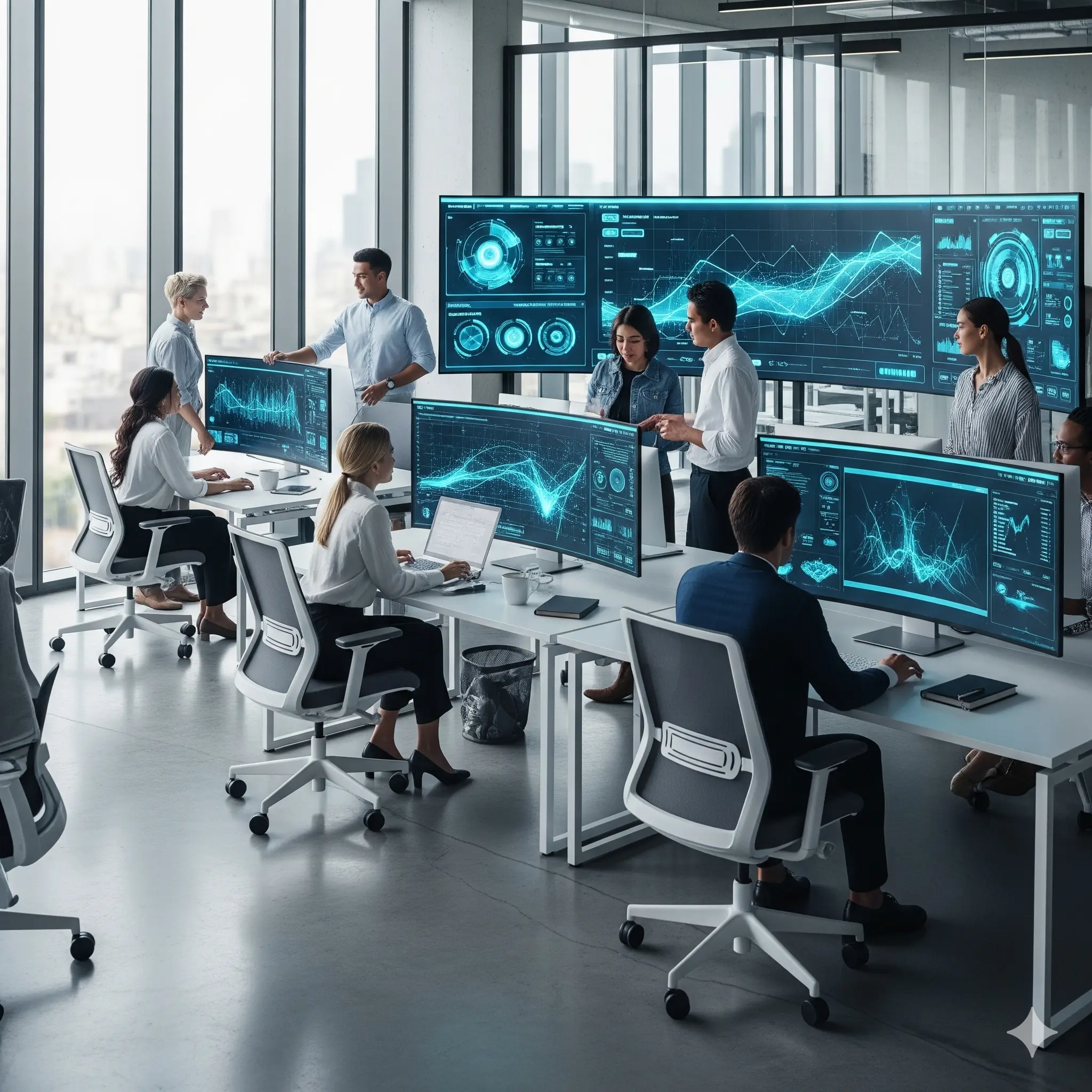 Team collaborating in a modern office with digital dashboards, symbolizing MIG Innovations’ focus on innovation and scalable digital solutions.