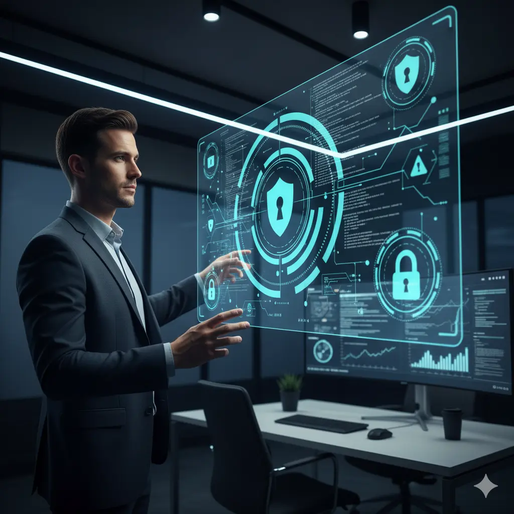 Cybersecurity consultant interacting with a digital interface showing security icons and monitoring threat detection dashboards, representing MIG Innovations’ cybersecurity services.