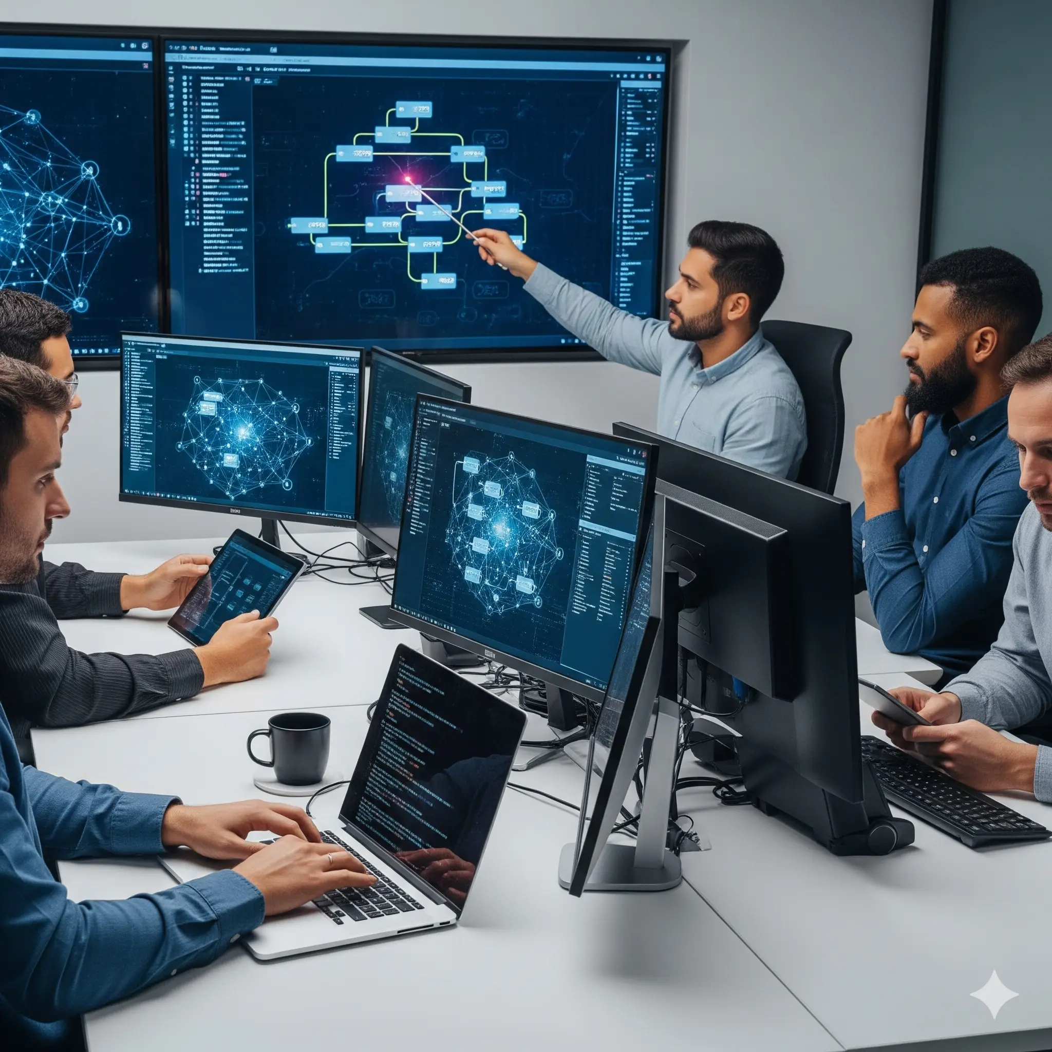 Blockchain developers collaborating on smart contracts, architecture diagrams, and digital ledgers in a modern office, representing MIG Innovations’ blockchain development services.