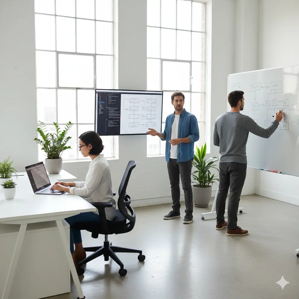 Software developers collaborating in a modern office with code, system diagrams, and workflow planning, representing MIG Innovations’ custom software development services.