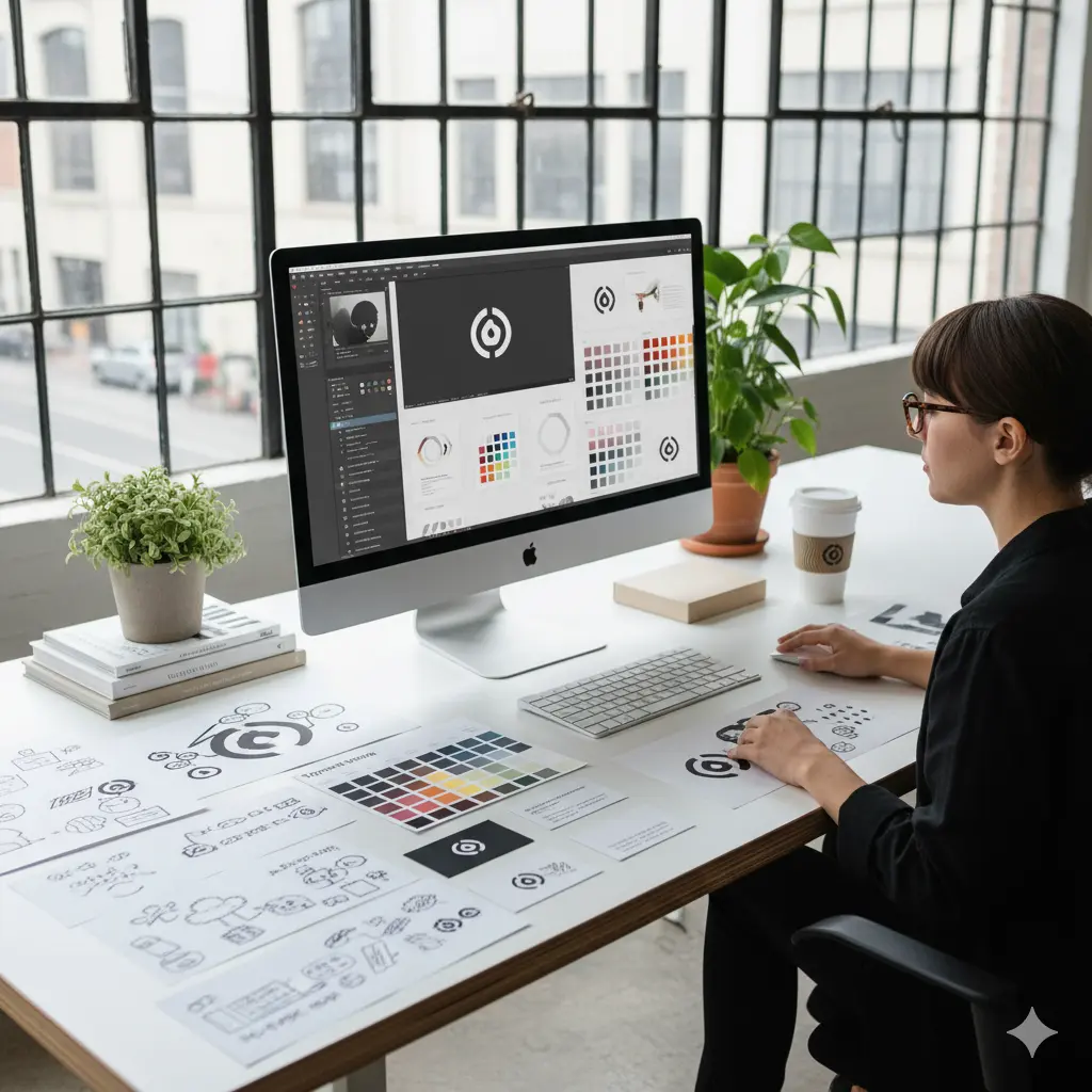 Designer working in a modern studio with logo sketches, color palettes, and branding mockups, representing MIG Innovations’ creative design services.
