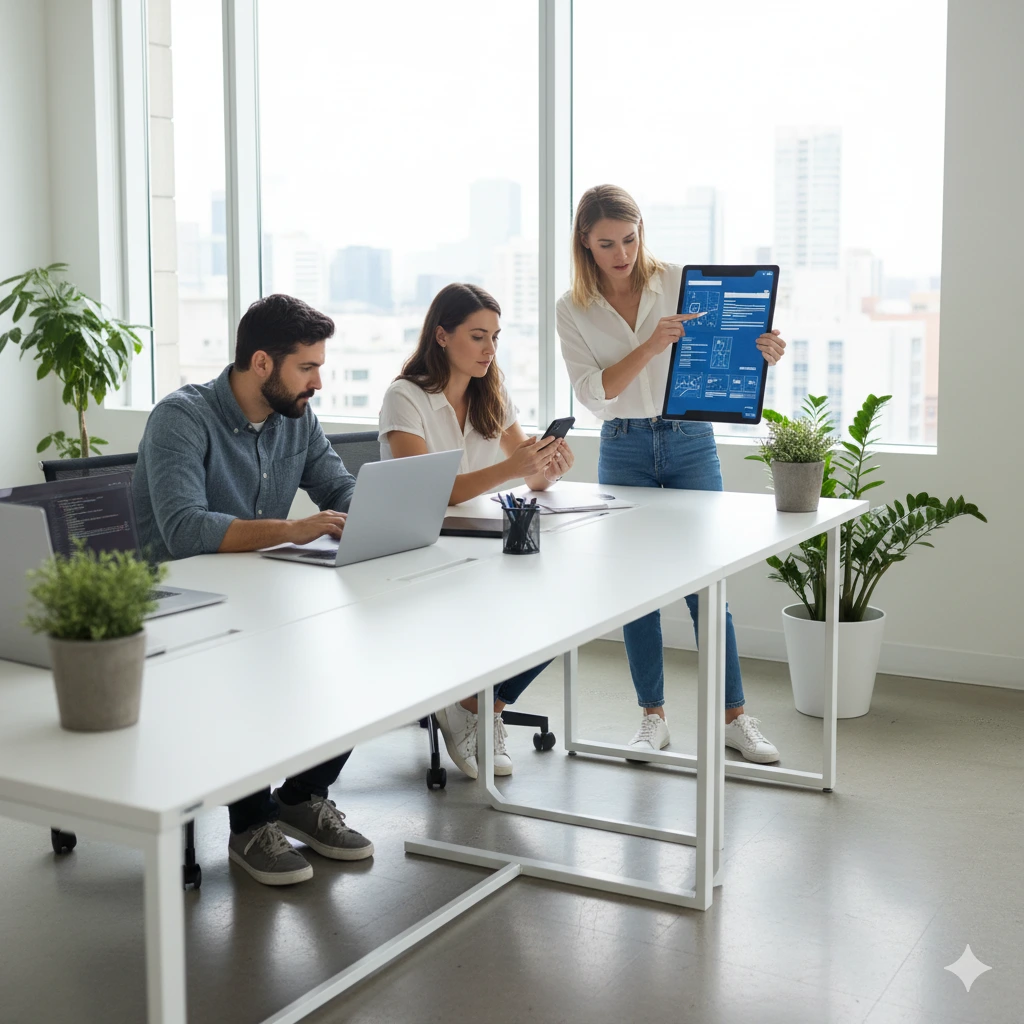 Developers and designers collaborating on mobile app prototypes with laptops, smartphones, and tablets, representing MIG Innovations’ mobile app development services.