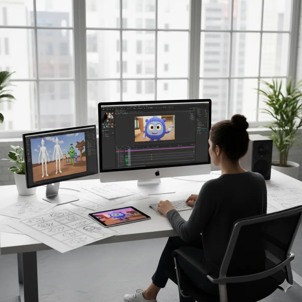 Designer creating animated brand visuals using professional software, storyboards, and digital illustrations, representing MIG Innovations’ video animation services.