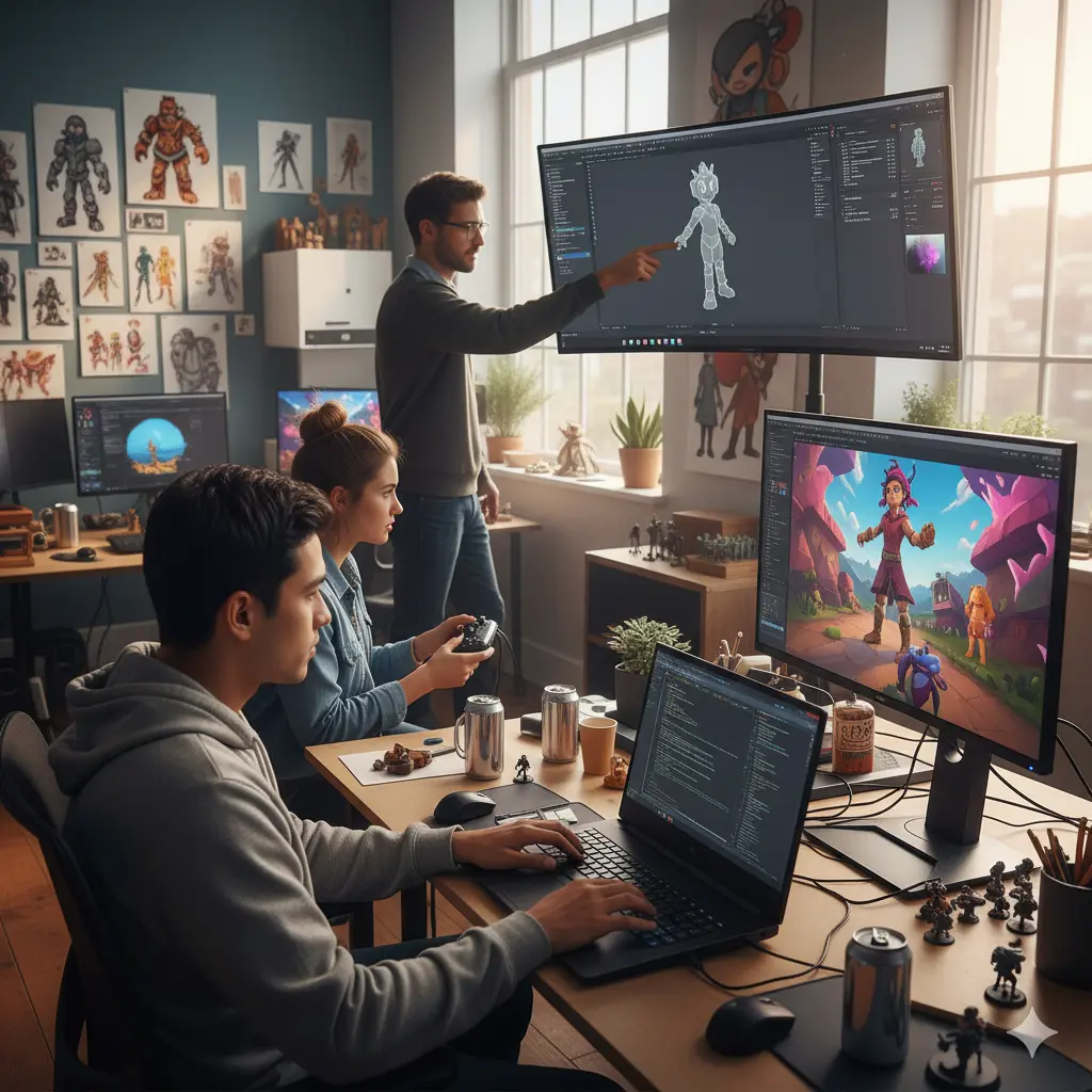 Game developers and designers collaborating on coding, prototype testing, and 3D character models in a modern studio, representing MIG Innovations’ game development services.