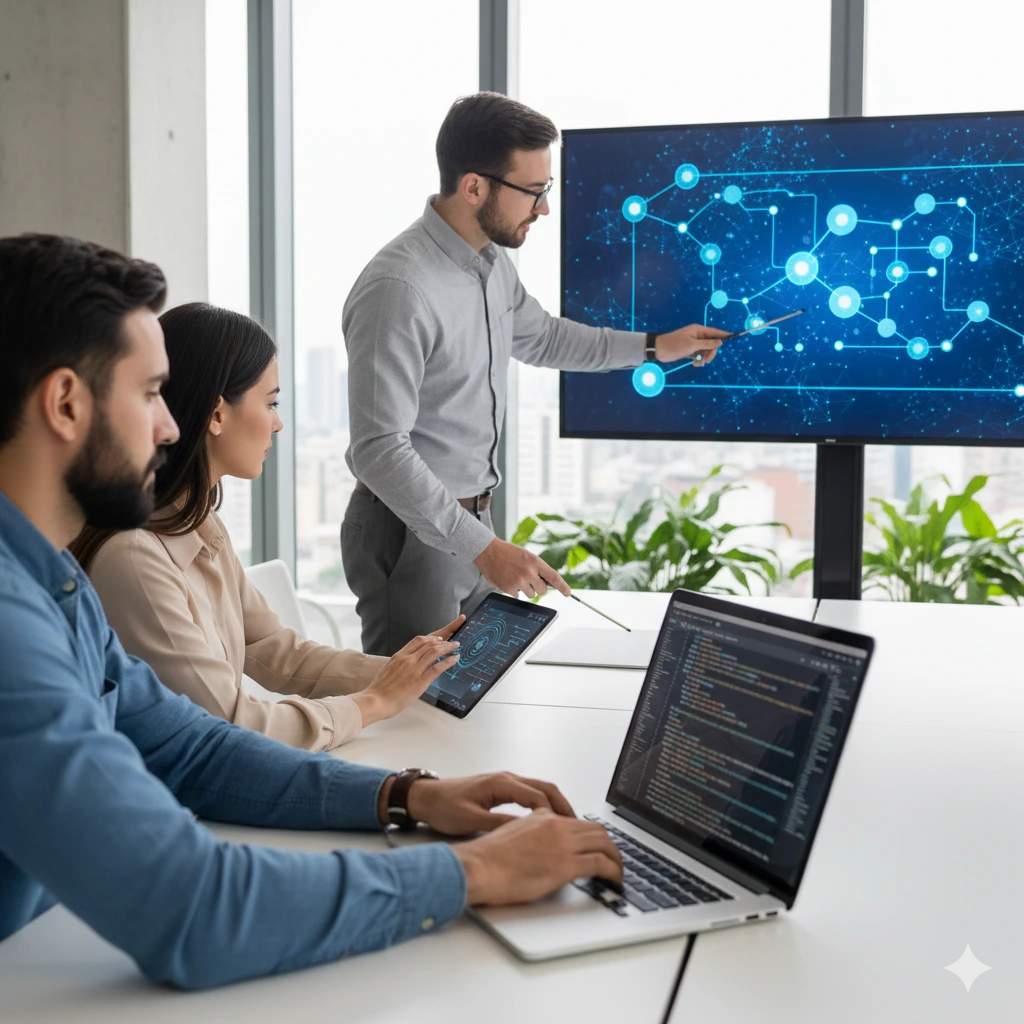 Blockchain developers coding smart contracts, reviewing dApp interfaces, and analyzing network diagrams in a modern office, representing MIG Innovations’ blockchain development services.