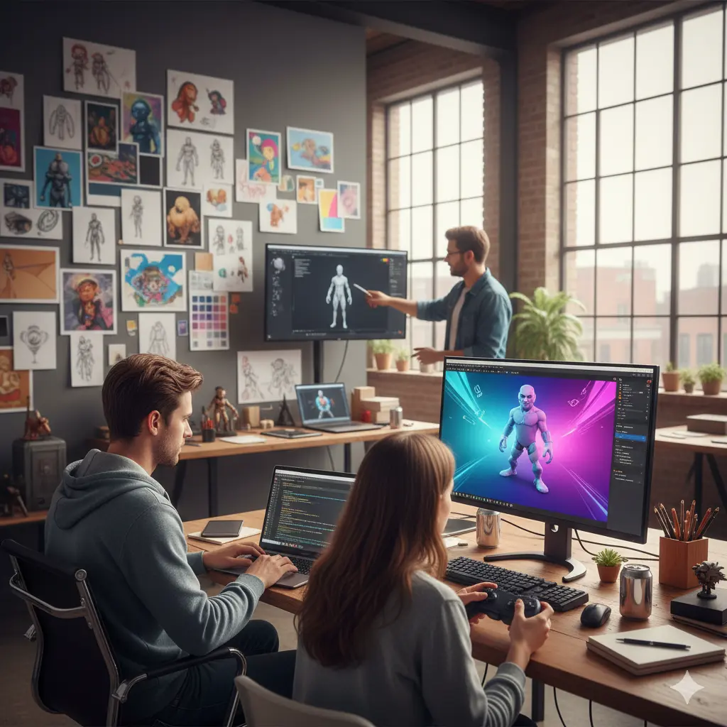 Game developers and designers collaborating on coding, prototype testing, and 3D character models in a modern studio, representing MIG Innovations’ game development services.