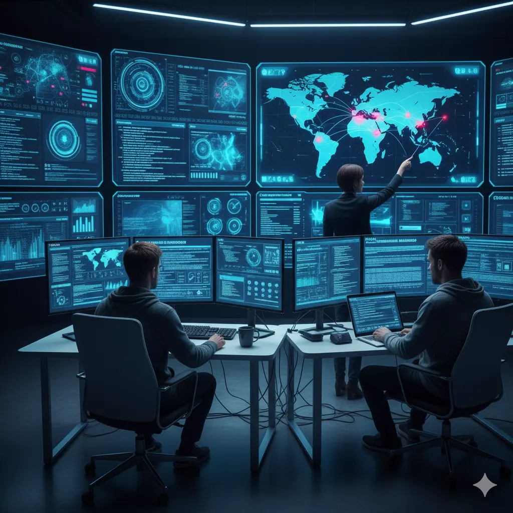 Cybersecurity analysts monitoring threat detection dashboards and data protection systems in a modern operations center, representing MIG Innovations’ cybersecurity services.