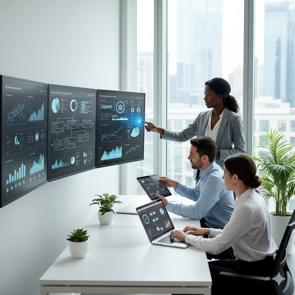 Professionals using AI‑powered dashboards, tablets, and laptops to streamline workflows and analyze data, representing MIG Innovations’ AI‑driven automation services.