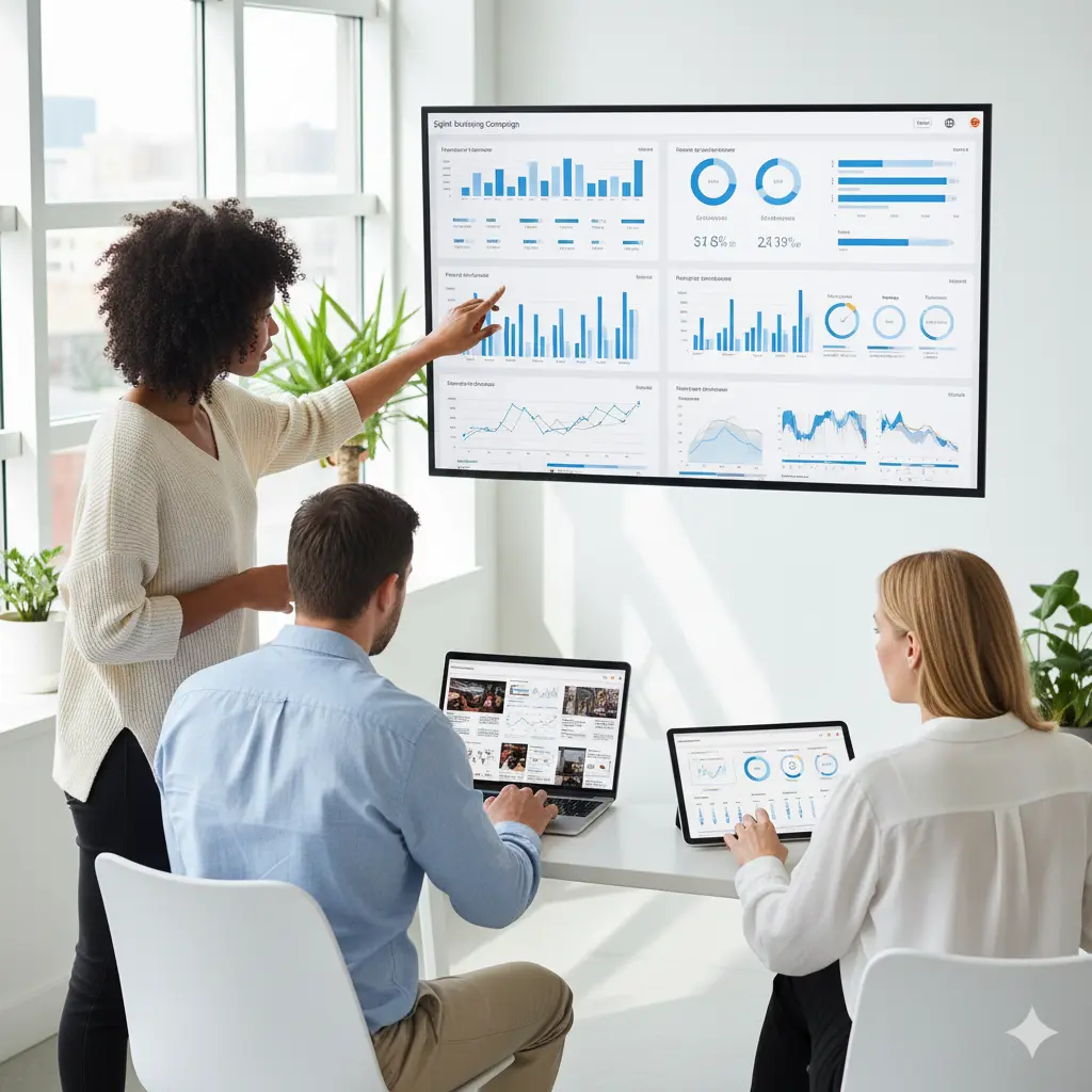 Digital marketing professionals analyzing campaign performance dashboards, social media ads, and SEO analytics in a modern office, representing MIG Innovations’ digital marketing services.