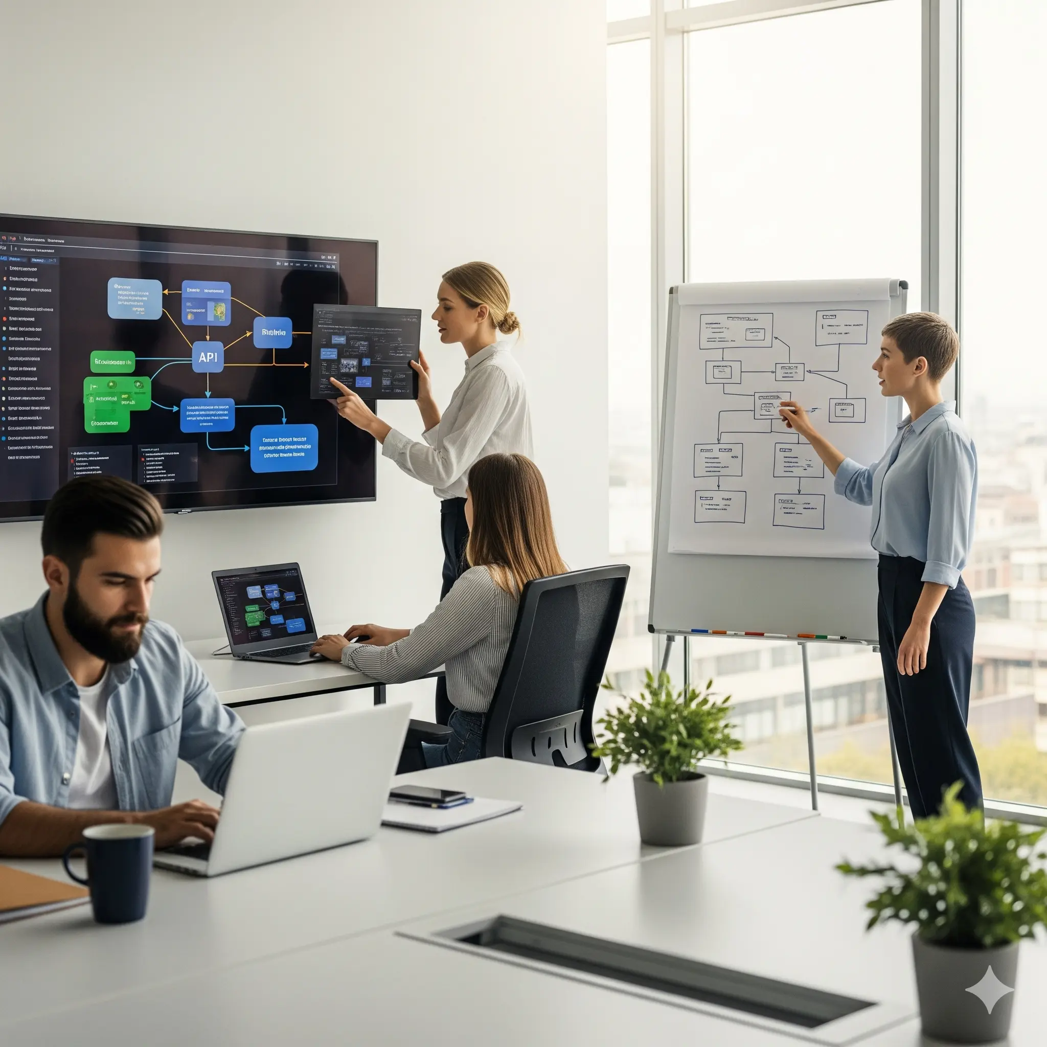 Software developers and project manager collaborating on code, API integrations, and workflow diagrams in a modern office, representing MIG Innovations’ scalable software development services.