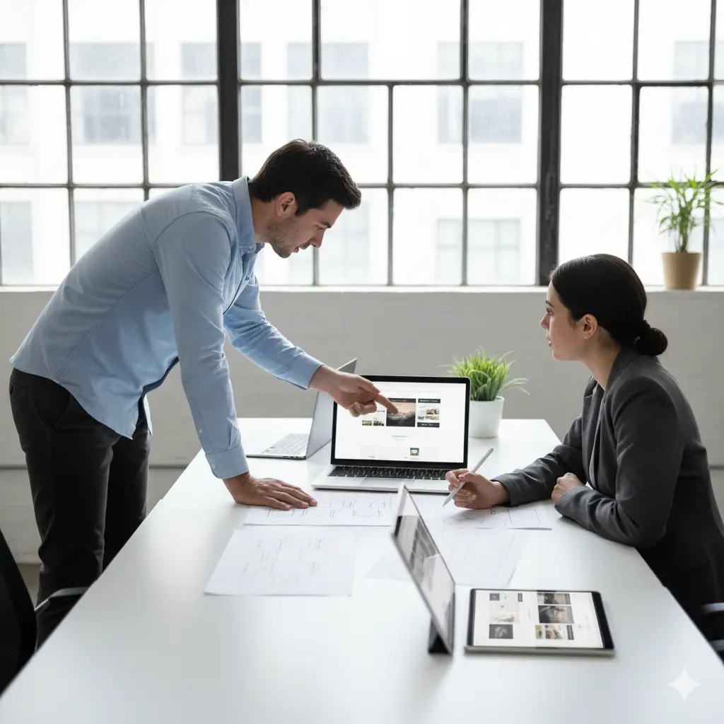 Business professional collaborating with a web design consultant reviewing website mockups and responsive layouts, representing MIG Innovations’ website project services.