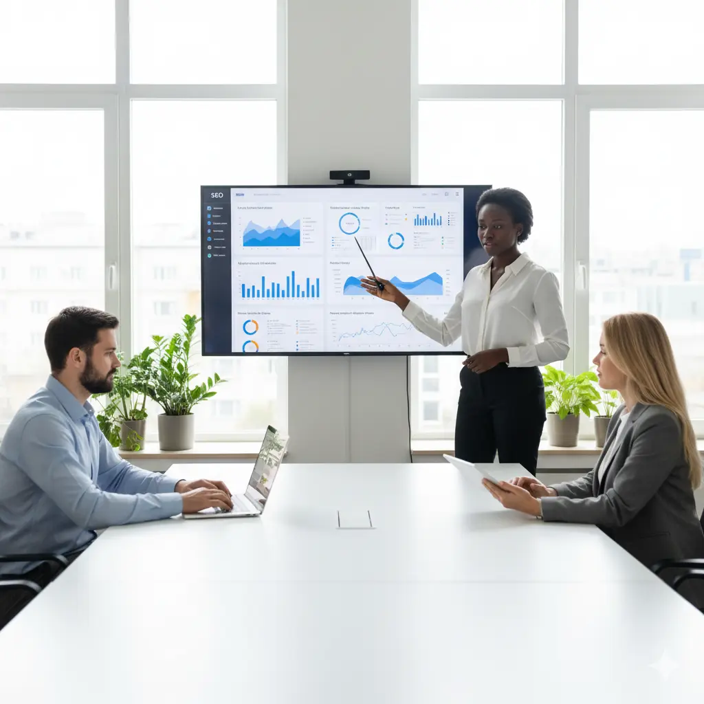 Digital marketing team analyzing SEO analytics, paid ad campaigns, and social media engagement metrics in a modern office, representing MIG Innovations’ digital marketing services.