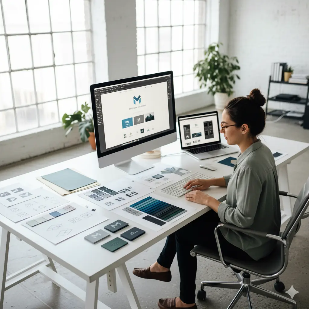 Designer working in a modern studio with branding materials, logo sketches, and digital design software, representing MIG Innovations’ creative design and branding services.