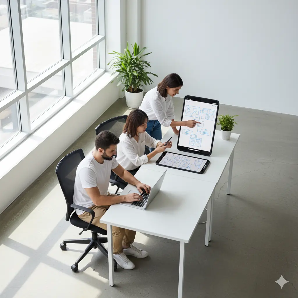 Developers and designers collaborating on mobile app prototypes with laptops, smartphones, and tablets, representing MIG Innovations’ mobile app development services.