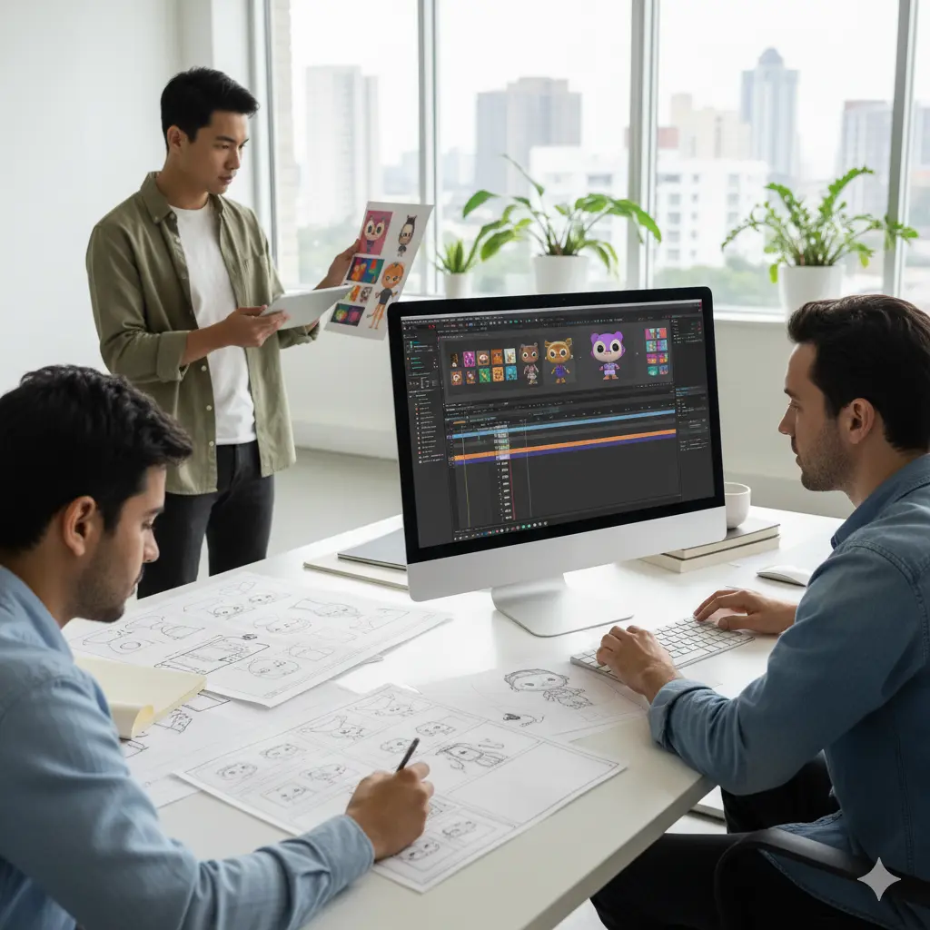 Creative animation team working on storyboards, motion graphics, and brand visuals in a modern studio, representing MIG Innovations’ video animation services.