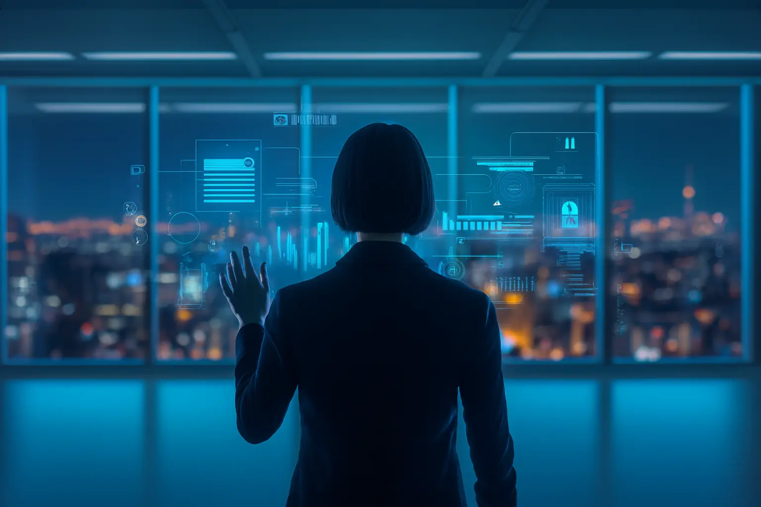 Business professional interacting with a futuristic digital interface displaying analytics and data visualizations, representing MIG Innovations’ Colorado‑based custom digital solutions for growth, efficiency, and trust.